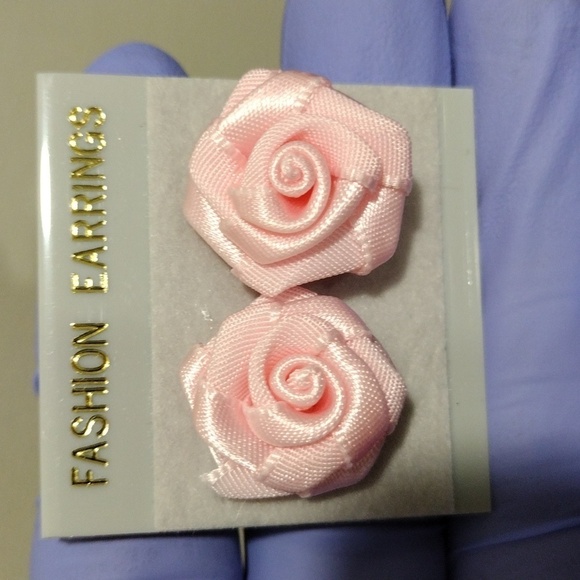 Pink Rose Fabric Stud Earrings – Satin Flower Design - 0.75"  Women's Jewelry - Picture 5 of 6